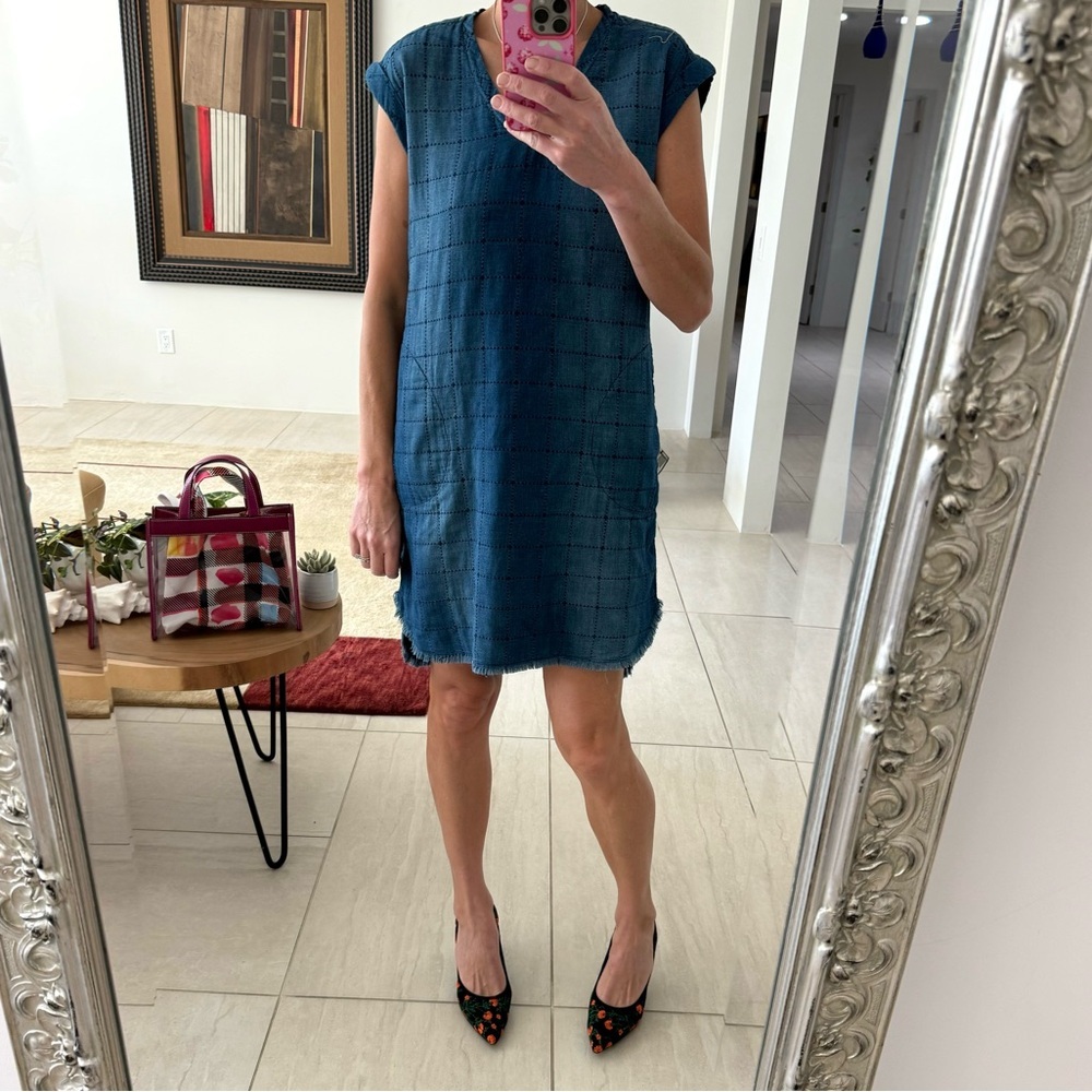 Anthropologie Cloth & Stone Quilted Frayed 100% Cotton Casual Denim Dress Size S